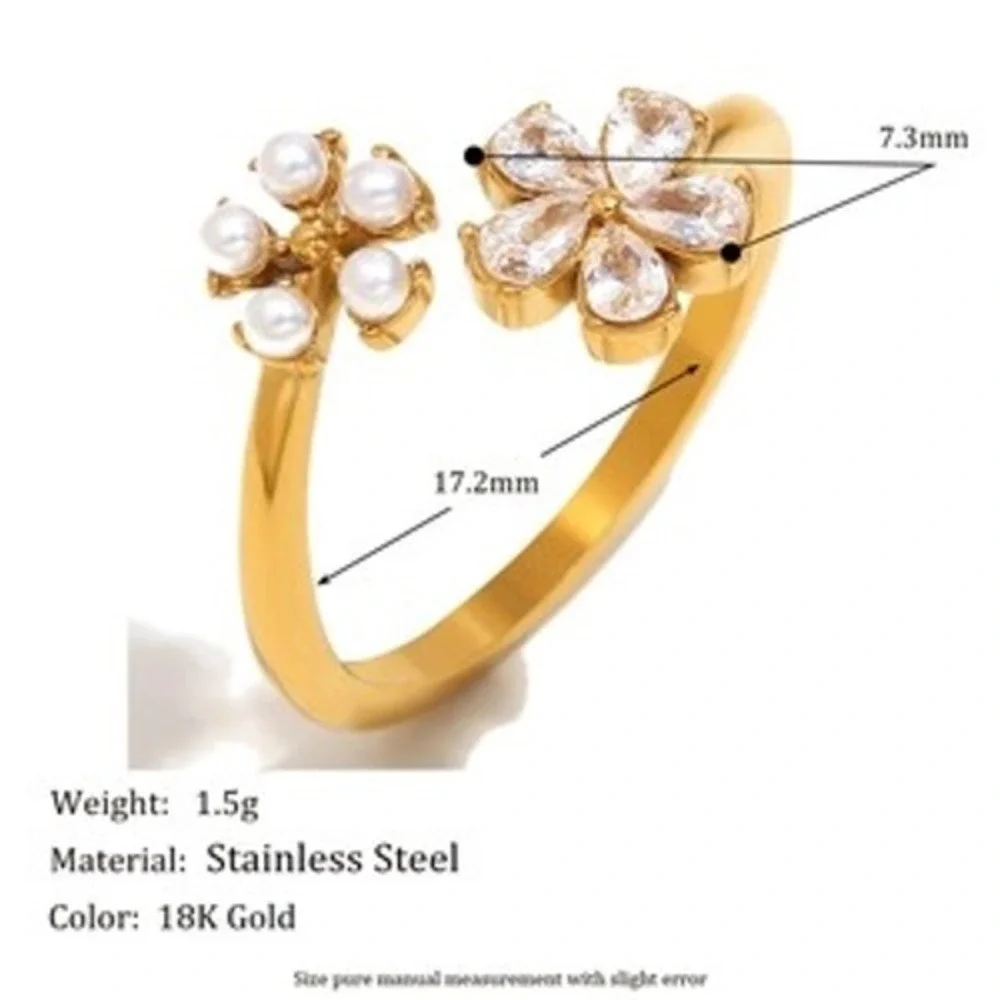 18K Gold Plated‎ Stainless Steel Floral Bypass Ring Pearl Cubic Zirconia Flower